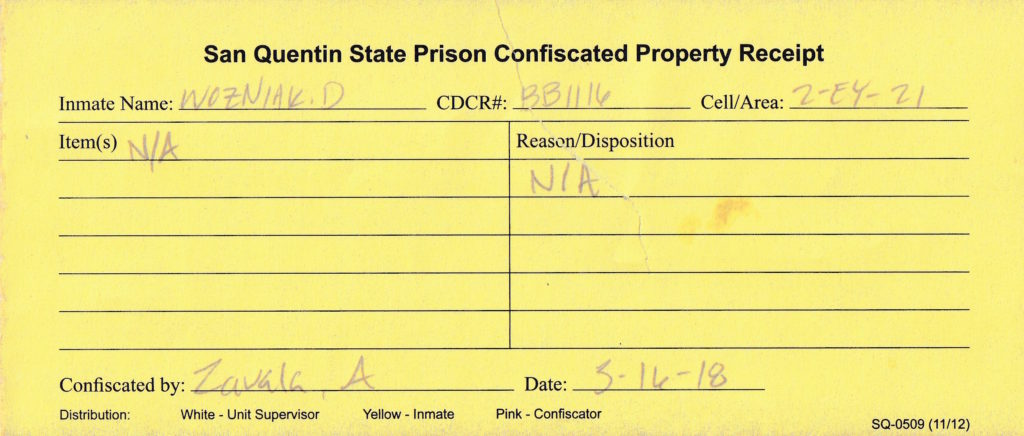 San Quentin State Prison Confiscated Property Receipt 